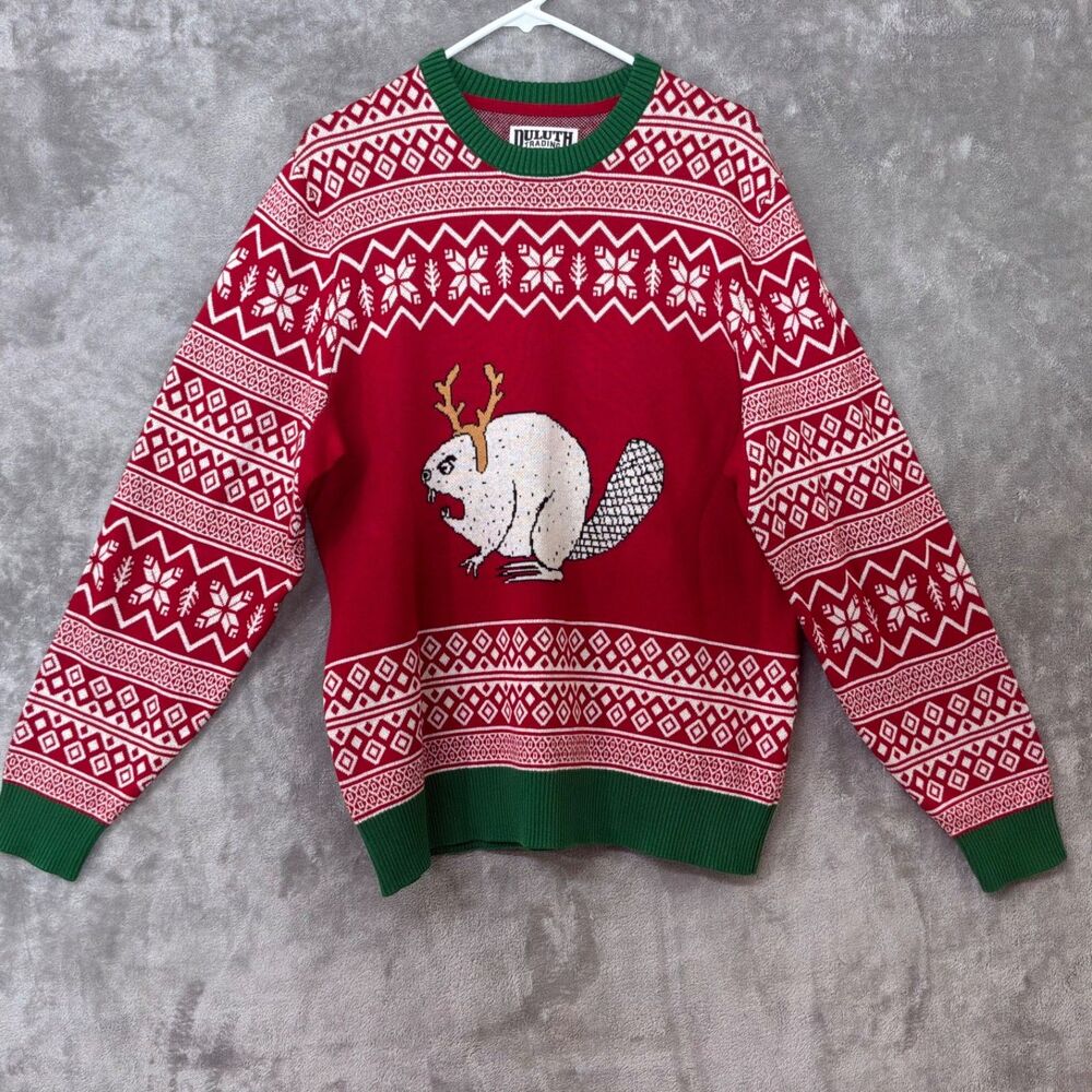 NWT Duluth Trading Co L Sweater Mens  Red green Ugly Christmas Reindeer Beaver